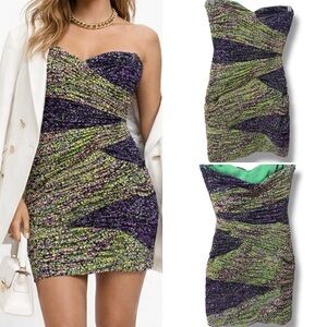 BCBG Max Azria | NWOT Purple & Green Strapless Ruched BodyconMini Dress (size 4)
